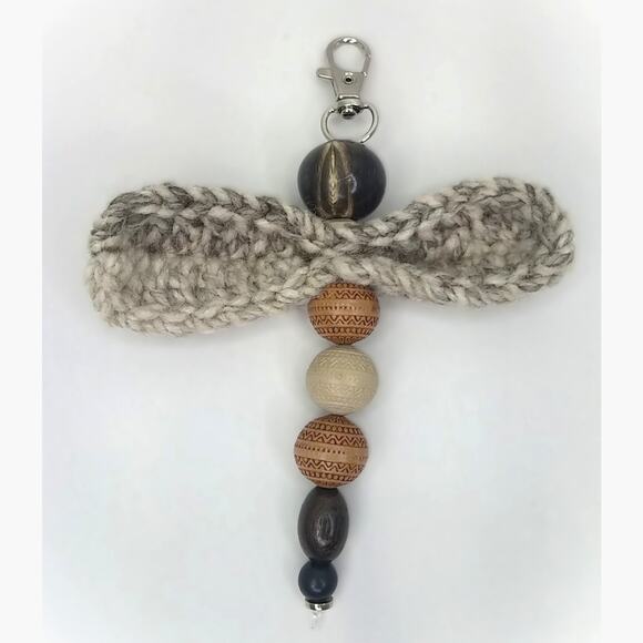 Artisan Firefly Keychain Crochet Wings Vintage Beads Earthy Bag Charm Purse - Picture 7 of 12